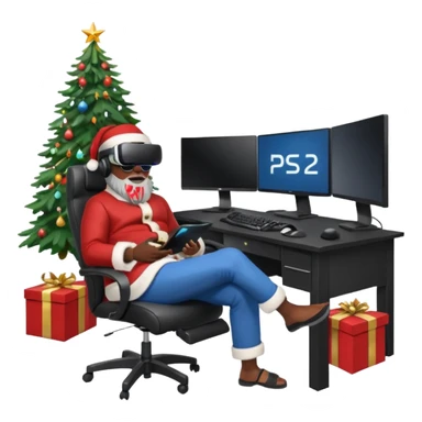 Informaticien homme noir full-body, week-end détente, assis à son bureau moderne avec ordinateur affichant du code. Il porte un casque VR et tient une manette PS 2025. À côté de lui, le Père Noël souriant, sapin illuminé et cadeaux autour. sticker