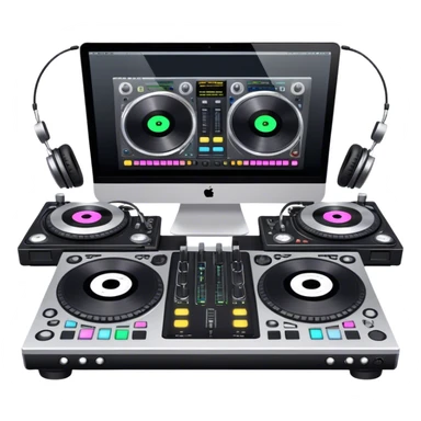 Create a professional and technical emoji that represents remixing music. The design should feature a high-end DJ controller, turntables with vinyl records, and a sound mixing console with faders to symbolize the technical aspects of remixing. Include elements like studio headphones and a laptop or digital audio workstation (DAW) screen to reflect the tools used in music production. Use colors like black, silver, and neon accents to convey the professional, high-tech nature of remixing. The background should be transparent. sticker