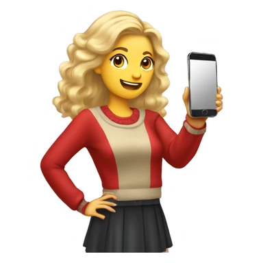 woman with blonde hair, back view, red bow in her hair, dressed in sweater and skirt, holding a smartphone to take a mirror selfie, She has a small red handbag with a gold strap over her shoulder sticker