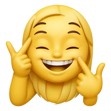 Yellow 3D emoji face, closed smiling eyes, wide toothy grin, one hand with index finger touching the mouth, playful flirty expression, clean emoji style. sticker