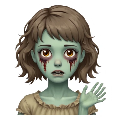 Cabelo ondulado  um pouco cheio e franja curta  Olhos marrons e pequenos e feita d ezumbi mais bonita com cabelo amarro na e com as mãos assim tipo assim🧟‍♀️ sticker