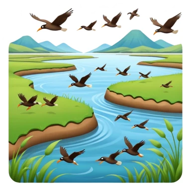 A 3D cartoon estuary with birds flying over shallow water and grassy banks, calm mood, Memoji-style realism. sticker