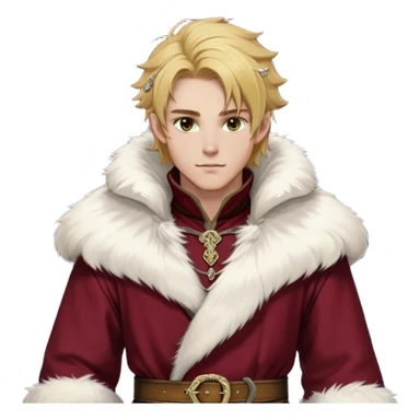 Medieval winter outfit worn by a DnD themed fantasy male character. Thick crimson wool tunic with white fox fur trim, featuring carved ivory toggles and a wide leather belt with bronze buckle. Clothes only above the waist, full waist coverage. The character has no arms. Character is white-skinned with honey gold hair, storm-cloud gray eyes, and medium-length tousled hair with icy highlights. sticker