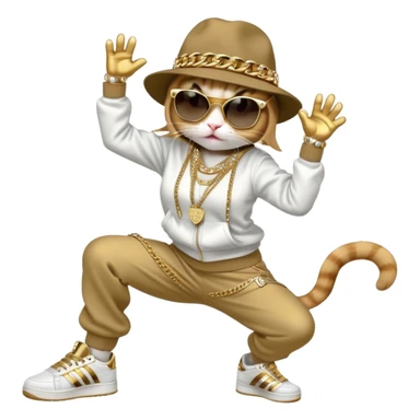 female cat in Run DMC hip-hop outfit with tracksuit, fedora, Adidas sneakers, dark sunglasses, many gold chains and bling accessories, doing a headspin break dance move sticker