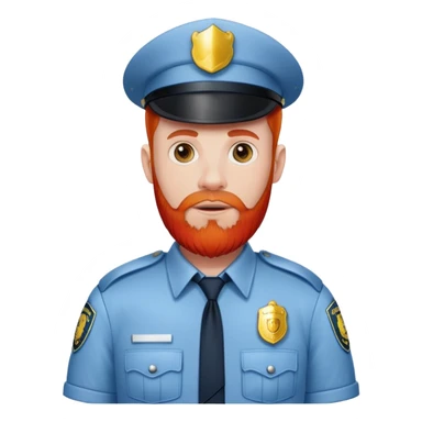 Pale man in mall cop outfit with red beard sticker