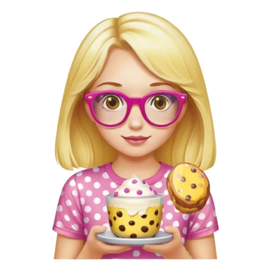a girl with long lashes, long blonde hair, wearing "yellow polka dot t-shirt" and pink glasses, holding a pudding sticker