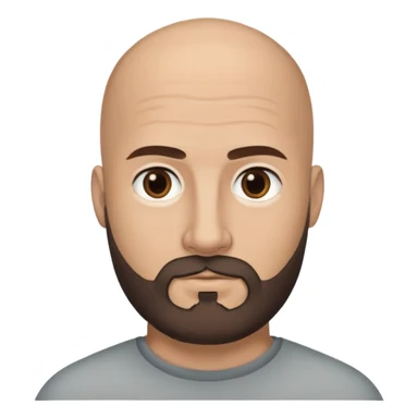 Head emoji of a bald Caucasian man with tan skin, dark almost black eyes, and a dark brown medium length beard with some grey in it. Please show one result with glasses and the other without. sticker