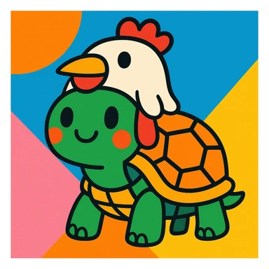 a turtle wearing a chicken hat, fun and whimsical style, colorful and playful, cartoonish sticker