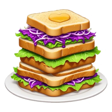 Spicy stacked chicken sandwich — two thick golden toast slices, a crispy breaded chicken fillet, green lettuce, and purple cabbage slaw, with glossy dark sauce dripping down the sides. sticker
