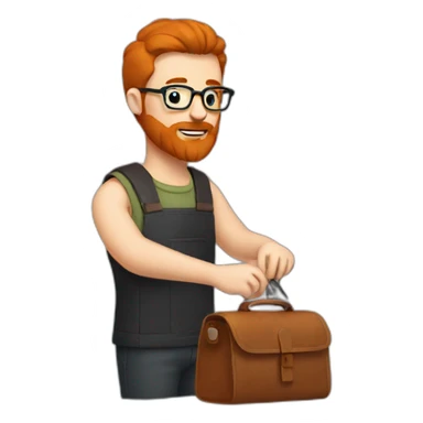 Red smooth haired man with beard and glasses sewing a leather bag by hand sticker