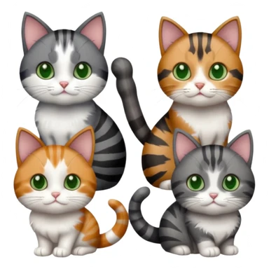 6 different coloured small cats including a dark grey and white, and a patchy calico, and a brown tabby and white,  and a completely solid dark grey with green eyes and only white paws sticker