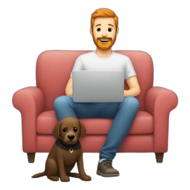 a man with a red beard sits working on a laptop on the sofa with a black Labrador sticker