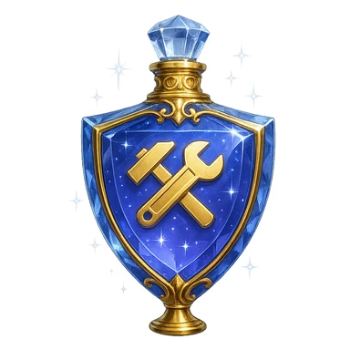 very luxurious crystal elixir bottle in shield shape, color #7986cb, with 🛠 symbol on the bottle, lots of shining, edges, ornaments, golden details, magical effects, very small golden neck, transparent background, beautiful seamless bottom, bottle clearly floating in air, no base or shadow, premium class, modern, matching a collection sticker