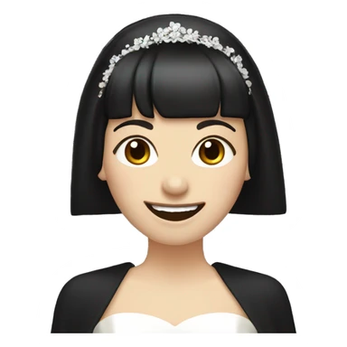 bride with very pale skin dark brown straight short hair black dress and bangs laughing with veil sticker
