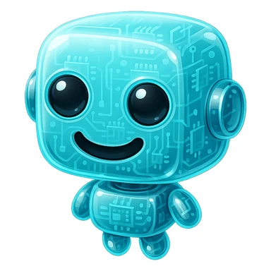Recolor this robot in glossy circuit style with the main color #6fe8f3 cyan, maintaining its cute expression and style, without background. sticker