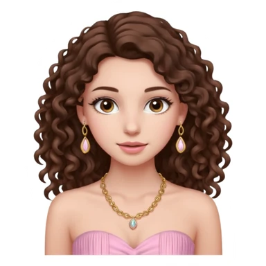 crée moi une jeune fille très belle avec les cheveux bouclés long brune avec un top  sans manche ni brettelles juste un 'bandeau' de couleur rose clair avec un peu de maquillage et des beauxcils un collier en or sticker