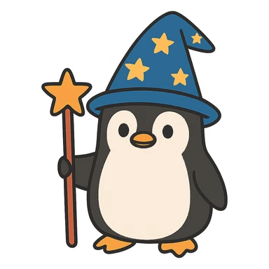 flat toon style penguin wizard with starry hat sticker