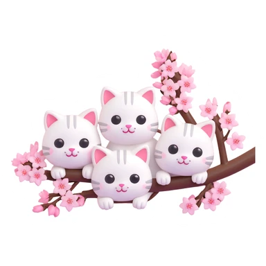 3D iOS emoji-style branch of cherry blossoms with adorable white cats peeking out, rounded shapes, shiny highlights, light pink background sticker