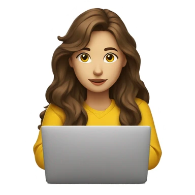 female coder with apple laptop in front of her, very long wavy brown hair, brown eyes, facing the right side looking at the laptop, yellow sweatshirt, no glasses sticker