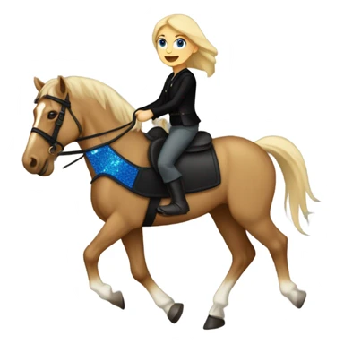  A Palomino horse running with a black sequin rug on his back and a whit rider girl brown hair blue eyes on his back without a helmet dressed in black pants and a vest   sticker