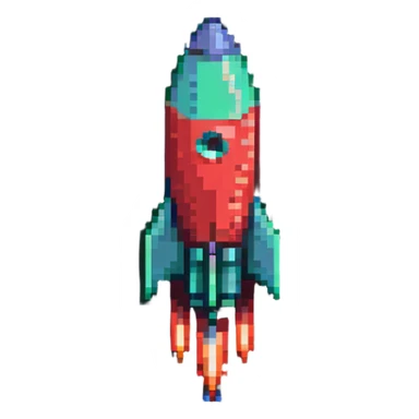 sleek pixel art rocket with green to red gradient, shooting diagonally to the upper right corner sticker