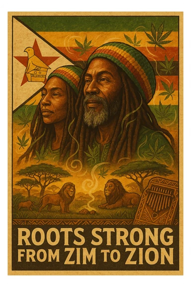 Design a powerful digital illustration in vintage poster style featuring a proud Zimbabwean Rasta man and woman with long dreadlocks and a knitted red, gold, and green tam. The background should blend the iconic Zimbabwe flag with textured detail — the red star, bird emblem, and bold stripes clearly visible but stylized with artistic flair. Add rich African earth tones, golden sunlight, and natural scenery like acacia trees, lions, or smoke from a healing herb circle. The Rasta should have a wise, peaceful expression — eyes full of ancient memory and inner fire. Incorporate ganja leaves subtly in the design, maybe flowing with the wind or circling the character like aura energy. Accent with traditional Shona patterns or mbira (thumb piano) motifs. Let the message reflect strength, unity, and ancestral healing. Optional text: “Roots Strong from Zim to Zion” or “Mash up Babylon from Harare to di hills.” sticker
