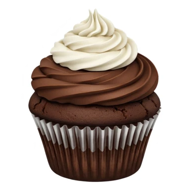 A chocolate cupcake, with no rapper, and a thin white coiled line of frosting across the middle of the top of the cupcake sticker