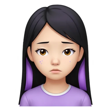 Asian teen girl with long straight black hair, wearing a lilac bando and a white shirt, sad expression, visible breakout and acne on her cheek sticker