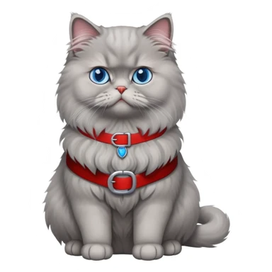 gray Persian cat full body sitting with blue eyes and red belt sticker