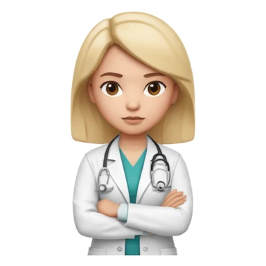 3D memoji style female doctor in medical coat, arms crossed, serious but calm expression, slightly raised eyebrow, professional look, centered, isolated, PNG, transparent background sticker