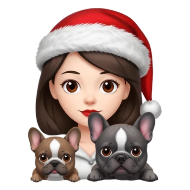 brunette woman with a dark grey French bulldog both wearing Santa sticker