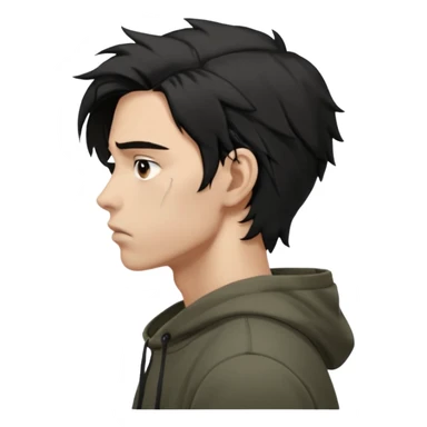 A dark anime-style illustration of a young man in side profile, facing left, with messy black hair tied loosely, sharp jawline and tired eyes. He wears an oversized dark hoodie with muted earthy tones. His expression is calm but emotionally heavy, showing silent pain and inner conflict.

 sticker