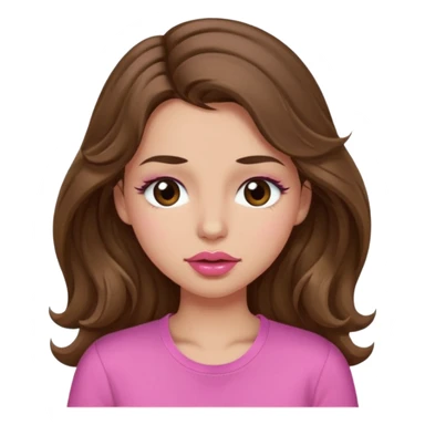 girl with long wavy brown hair, brown eyes, light to medium complexion, in a pink shirt, pink lips, long lashes, puckering lips kissing, winking with one eye closed sticker