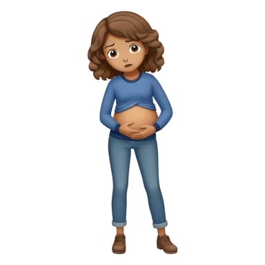 Girl with curled brown medium length hair with stomach ache full body and dully clothed sticker