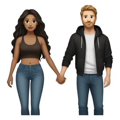 latina woman with very dark brown hair wearing baggy jeans and a crop top with hooped earrings holding hands with a caucasian man with spiky brown hair wearing a black hoodie with baggy jeans sticker