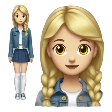 Blonde girl with bang and short pony tail, in blue denim jacket, white T-shirt, green tights and elongated blue chiffon skirt sticker