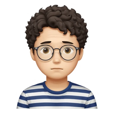  Korean male college student with a worried face , glasses with a bit curly hair, stripe t-shirt sticker