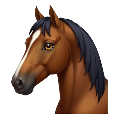 Cinematic Noble Bay Horse Portrait Emoji, Poised and regal, with a strong, athletic build and a rich, well-groomed bay fur accented by a dark mane and tail, deep-set soulful amber eyes, Simplified yet sharp and sophisticated features, highly detailed, glowing with a warm, dignified glow, high shine, intelligent and majestic, stylized with an air of equine elegance, focused and attentive, soft glowing outline, capturing the essence of a watchful and confident steed, so majestic it feels as though it could gallop out of the screen with effortless authority! sticker
