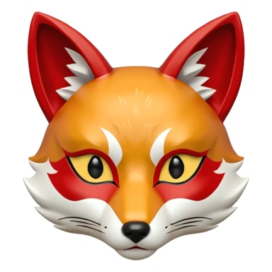 a japanese kitsune fox mask, smooth matte plastic surface, soft gradient lighting, white base with red and gold face markings, small triangular fox ears, calm and mysterious expression sticker