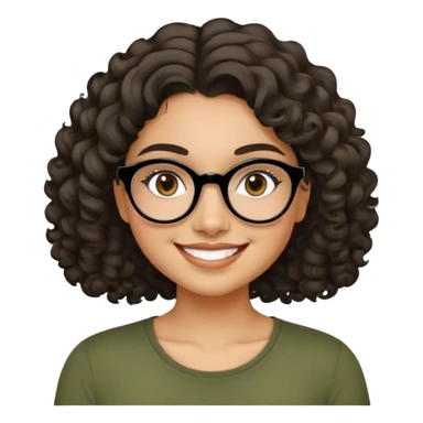 Young Latina woman with light tan skin. Round friendly face with dimples when smiling. Dark brown eyes behind black-framed glasses. Thick arched eyebrows. Shoulder-length curly voluminous hair. Big smile. Wearing an olive green top. sticker