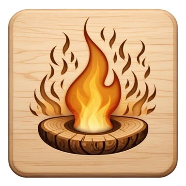 Pyrography icon, piece of wood with half-burned intricate patterns, pyrography tool emitting heat, visible burn marks and ongoing design process, smoke rising from the wood, wood texture, minimalistic style, clean lines, transparent background. sticker