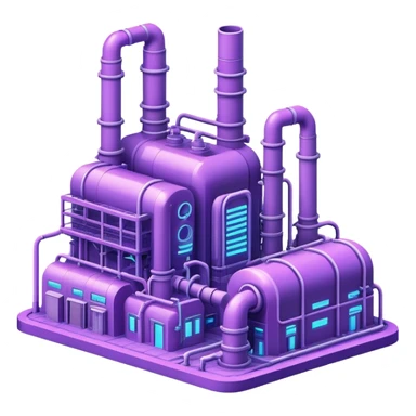 AI-powered factory. It should be a building with pipes. Add light violet neon glowing symbolizing power of AI sticker