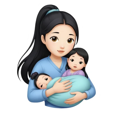 Ponytail chinese girl hugs a newborn baby and a girl sticker