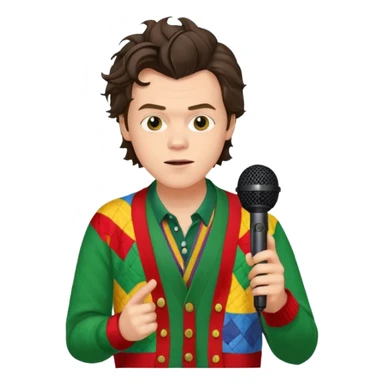 harry styles with a mic, he is wearing a patchwork colorful (red, yellow,green) cardigan sticker