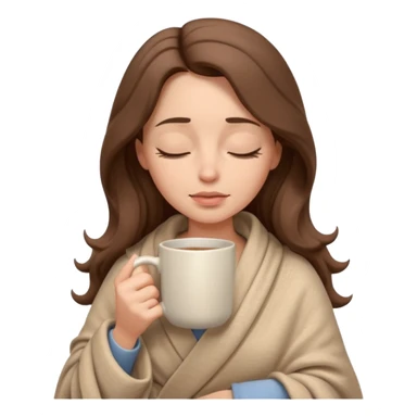 emoji-style illustration of a pretty relaxed woman with long wavy brown hair, wrapped in a cozy beige blanket, holding a mug cup, eyes closed, sad and a bit anxious expression, soft 3D cartoon rendering, warm and comforting mood, plain background
 sticker
