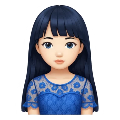 Long hair asian girl with curtain bangs with a blue lace top on with GG written sticker