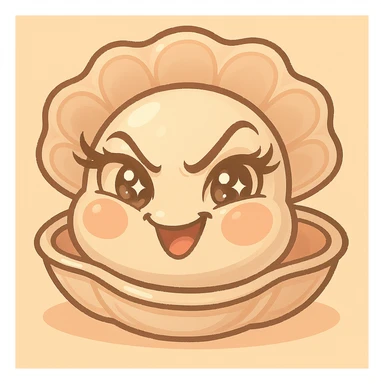 Enhance the mischievous expression of the oyster even more, keep the eyes very expressive and luminous with elegant eyelashes. Emphasize pastel tones with pearly, cream, peach, and greige shades very pronounced. Maintain the large shell and the small oyster. Keep the pastel toon style and the background as is. sticker