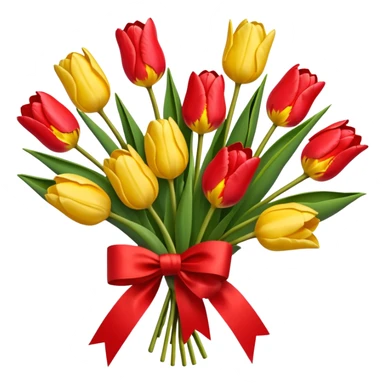 bouquet of tulip with red bow and yellow wrapping paper sticker