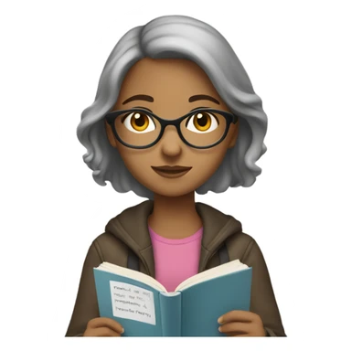 girl reading book, black eyes, Hispanic, grayish hair, wearing classes  sticker