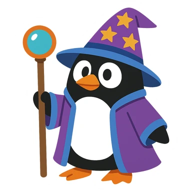 fun and whimsical penguin dressed as a wizard, with a pointy hat and a magic staff sticker